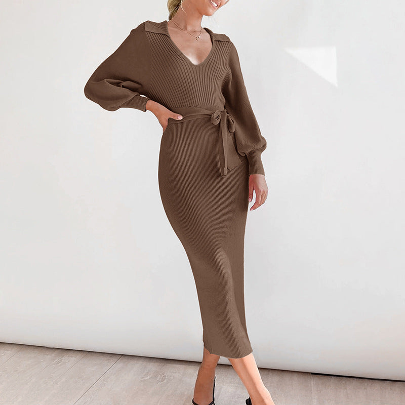 Retro Lightly Mature Lantern Sleeve Solid Dresses