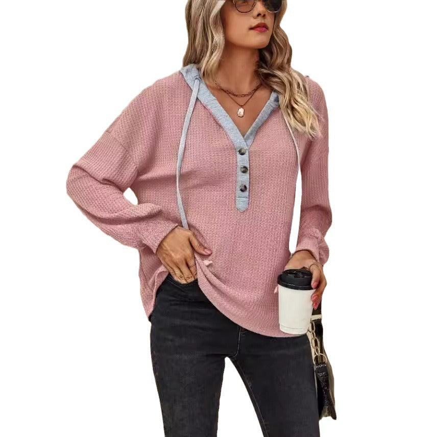 Women's Loose Hooded Casual Waffle Button Long Tops