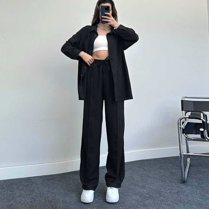 Women's Lady Loose Long-sleeved Shirt Trousers Two-piece Suits