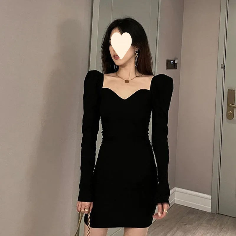 Women's French Style Puff Sleeve Black Square Collar Sheath Hepburn Dress