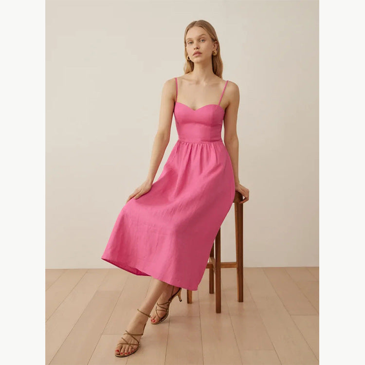 Women's Green Suspenders Linen Mid-length Dress French Dresses