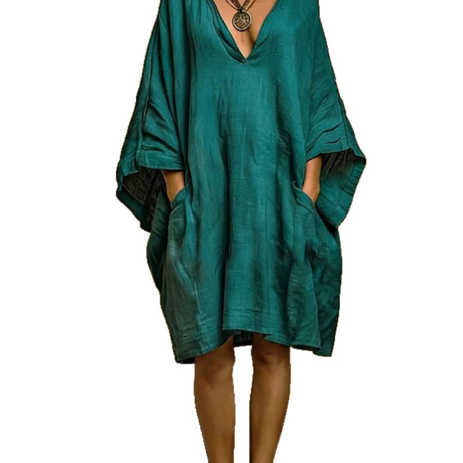 Fashion Imitation Cotton Linen Batwing Shirt Dress