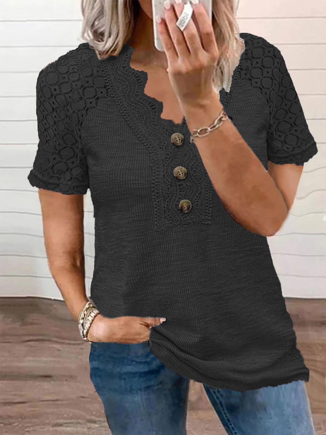 Classic Unique Women's Buttons Hollow Lace Women's T-shirt