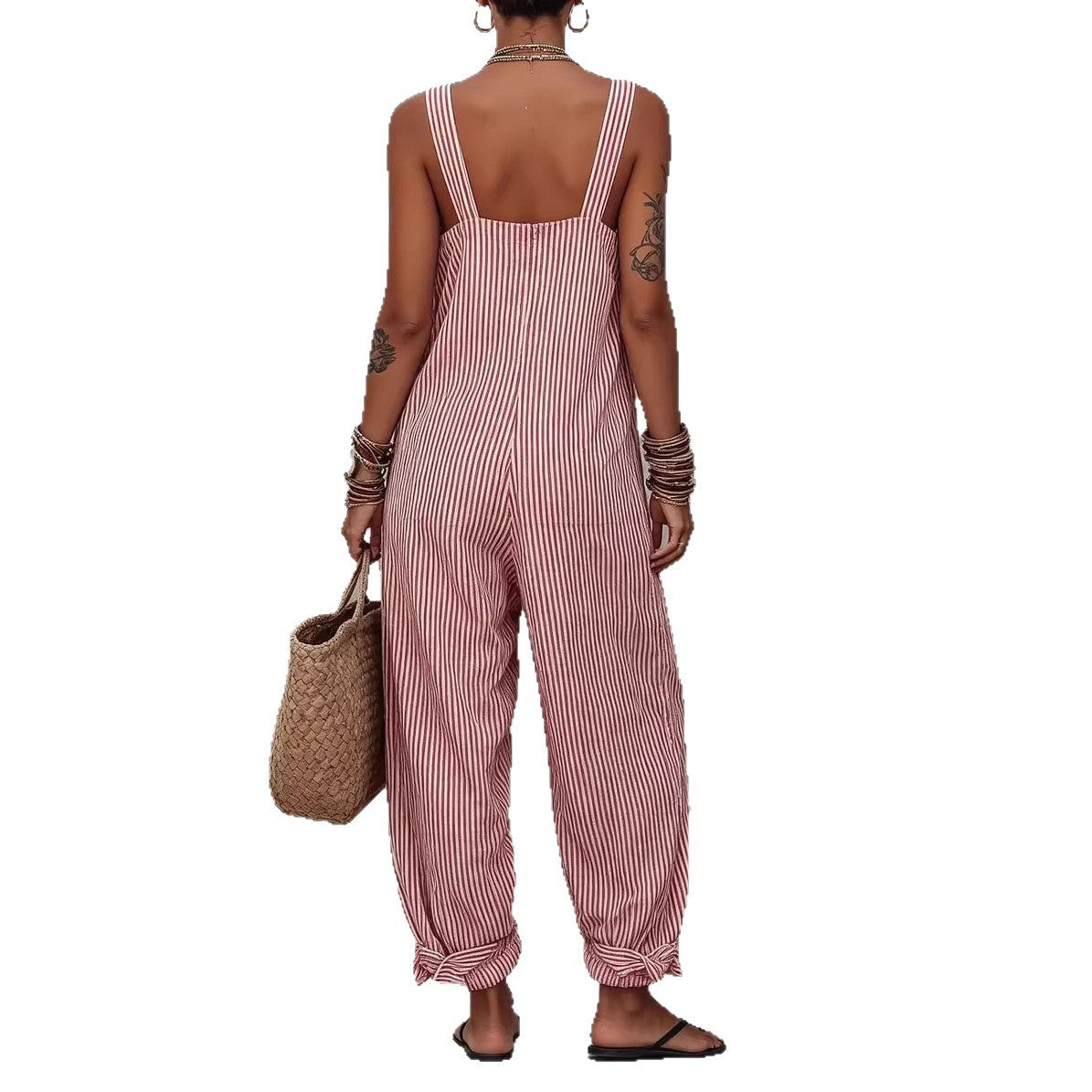 Women's Sleeveless Striped Print Loose Casual Women's Jumpsuit/clothing