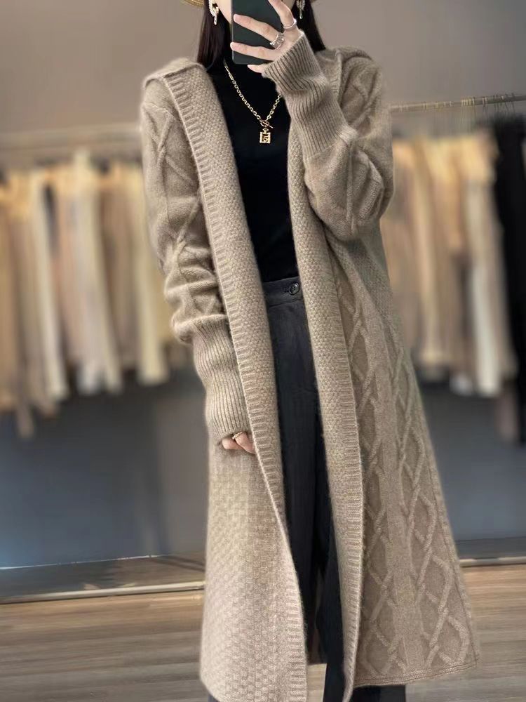 Women's Cashmere Hooded Twisted Knitted Over The Knee Sweaters