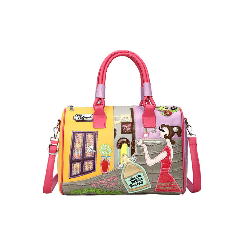 Retro Large Capacity Portable Boston Niche Embroidered Patch Crossbody Bags