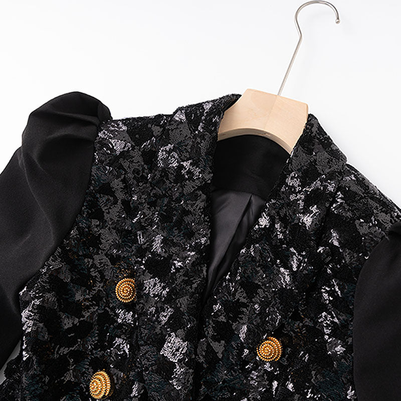 Sequined Black Panel Puff Sleeve Double Blazers
