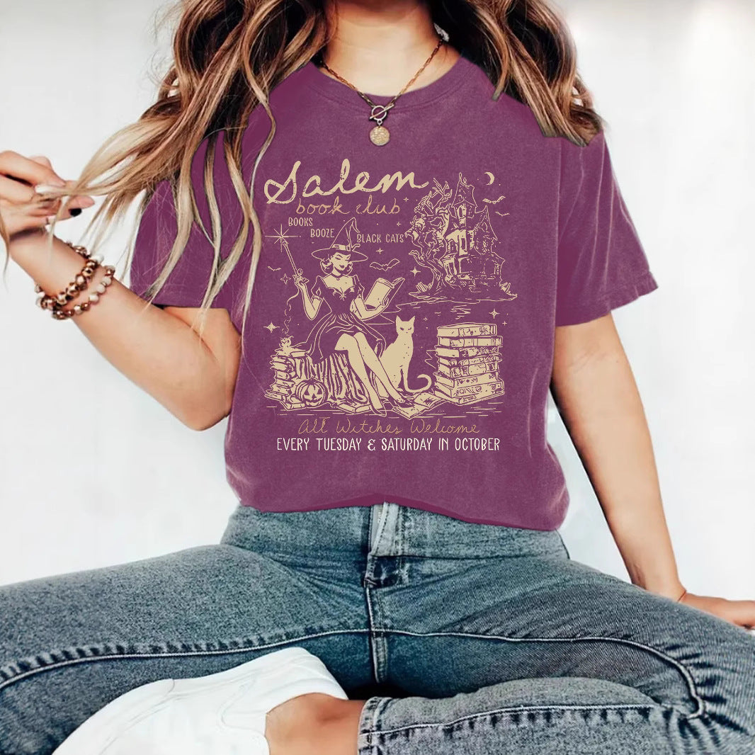 Women's Summer Salem Witch Pattern Halloween Printed Round Neck Women's T-shirt