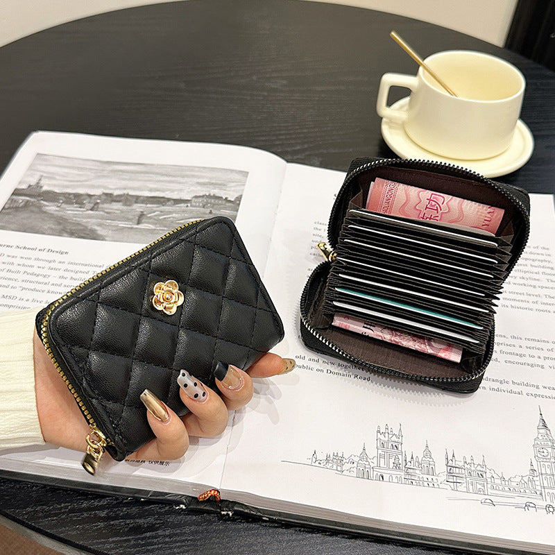 Camellia Rhombus Female Simple Zipper Driving License Card Holder