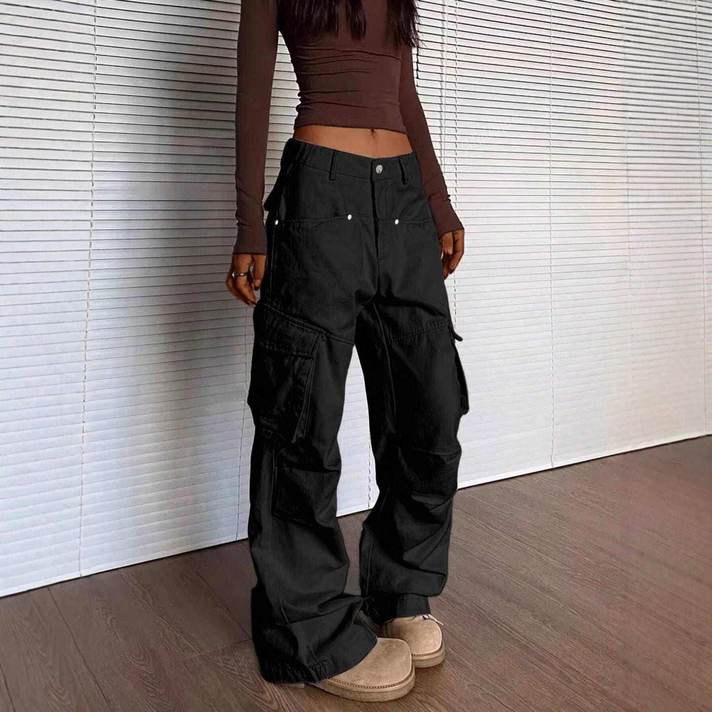 Women's Elegant Solid Color Overalls Straight Loose Design Pants