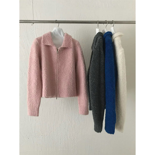 Women's Knitted Retro Lapels Loop Wool Zipper Coats