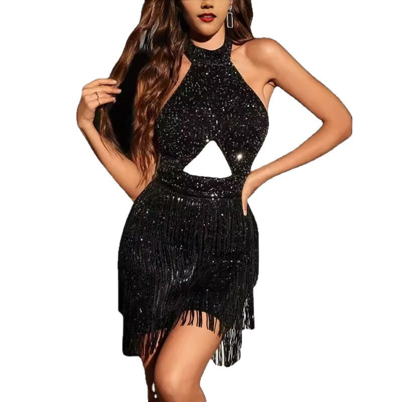 Women's Sexy Tassel Halter Backless Dress Dresses