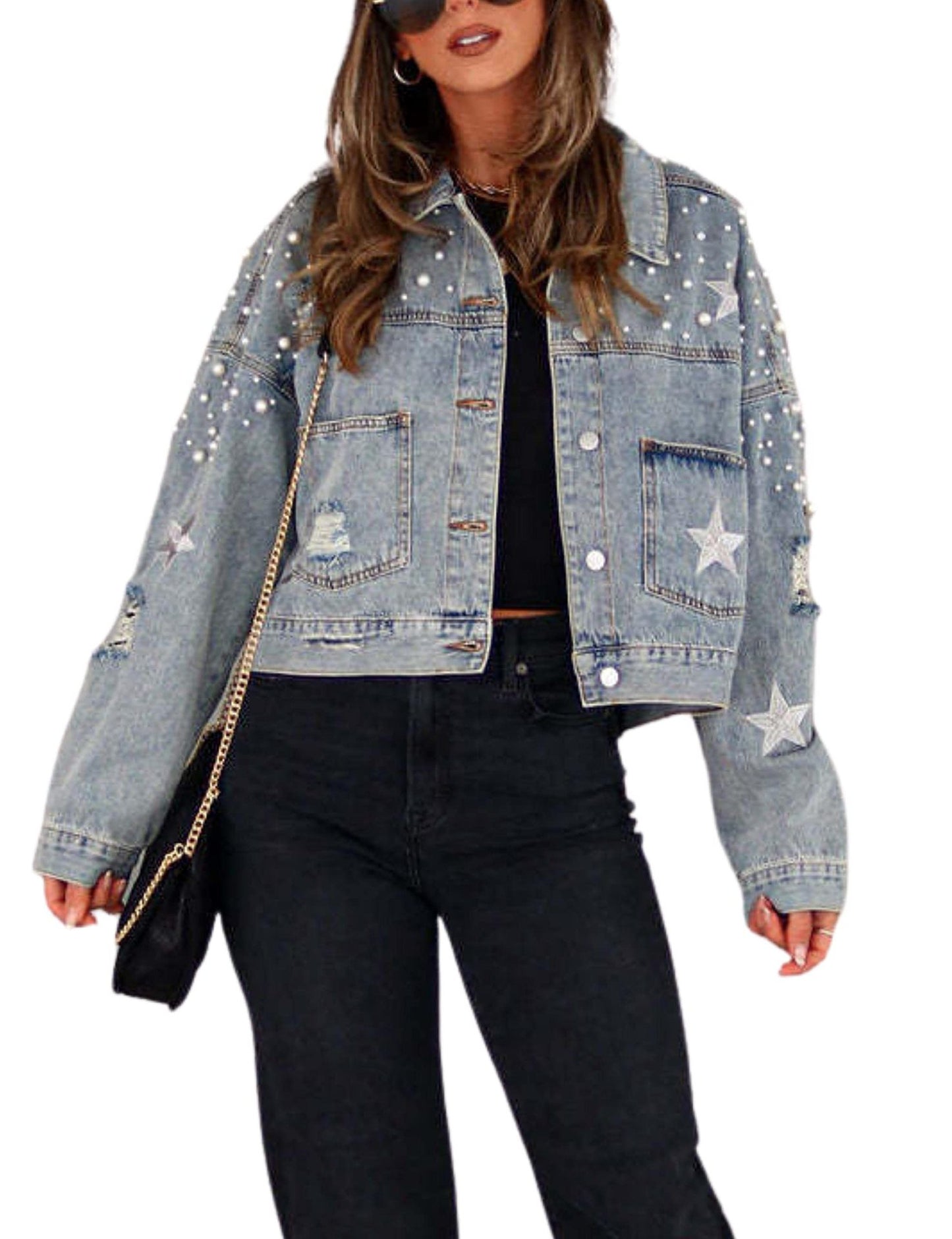 Women's Beaded Denim Ripped Embroidery Loose Jackets