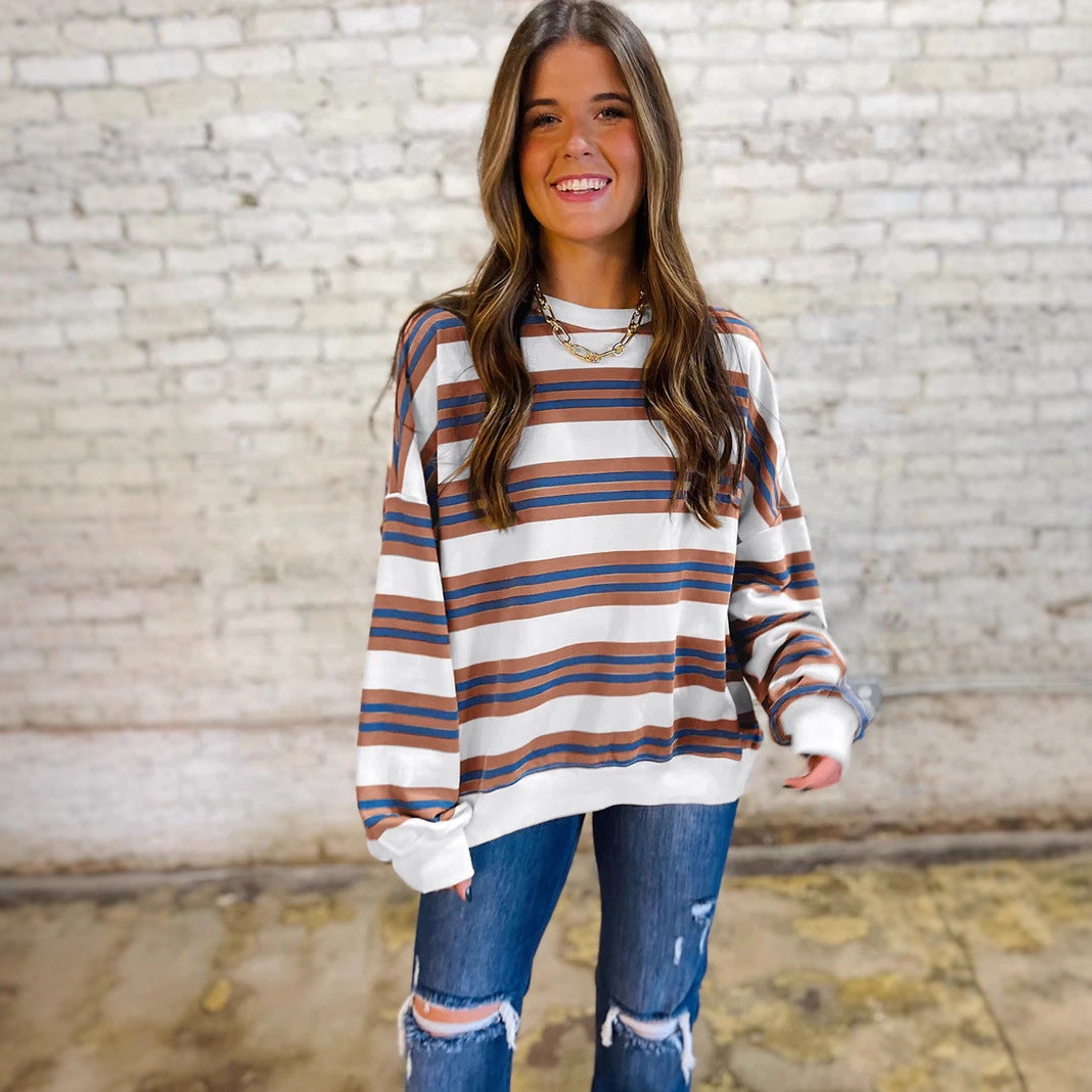Women's Knitted Fashion Loose Slimming Contrast Color Round Women's Sweater, Sweater