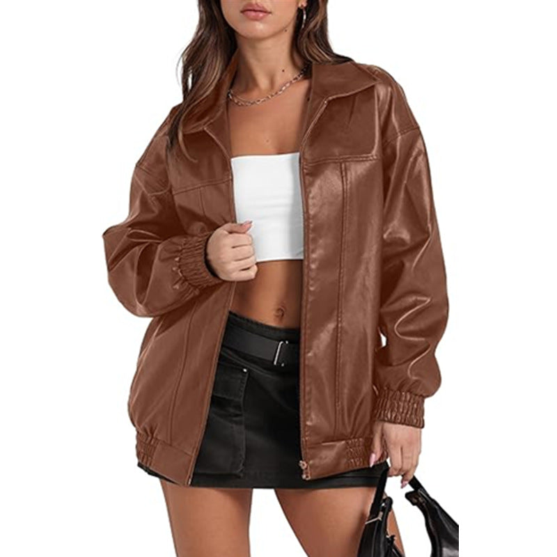Women's Leather Long Sleeve Lapel Zipper Side Pocket Jackets