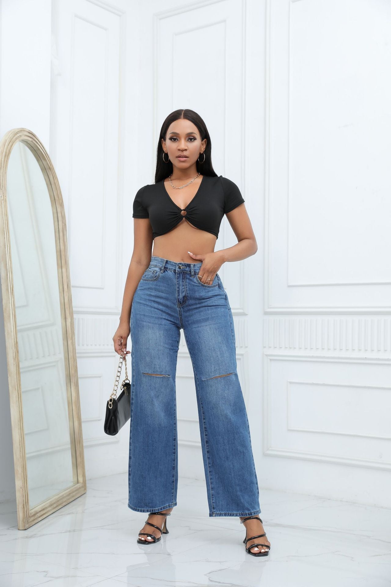 Women's Black Straight Design Sense Ripped Versatile Jeans