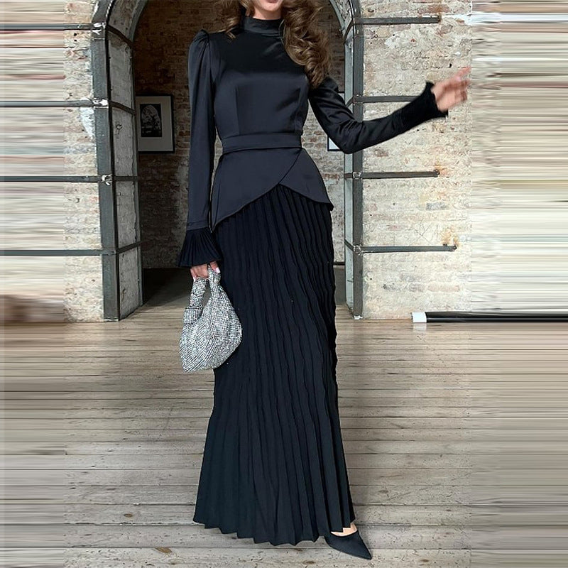 Women's Autumn Solid Color Fashion Stitching Design Round Dresses