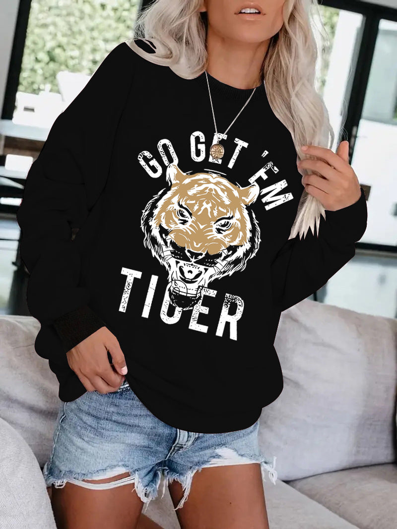 Women's Round Neck Tiger Head Portrait Printing Stylish Tops