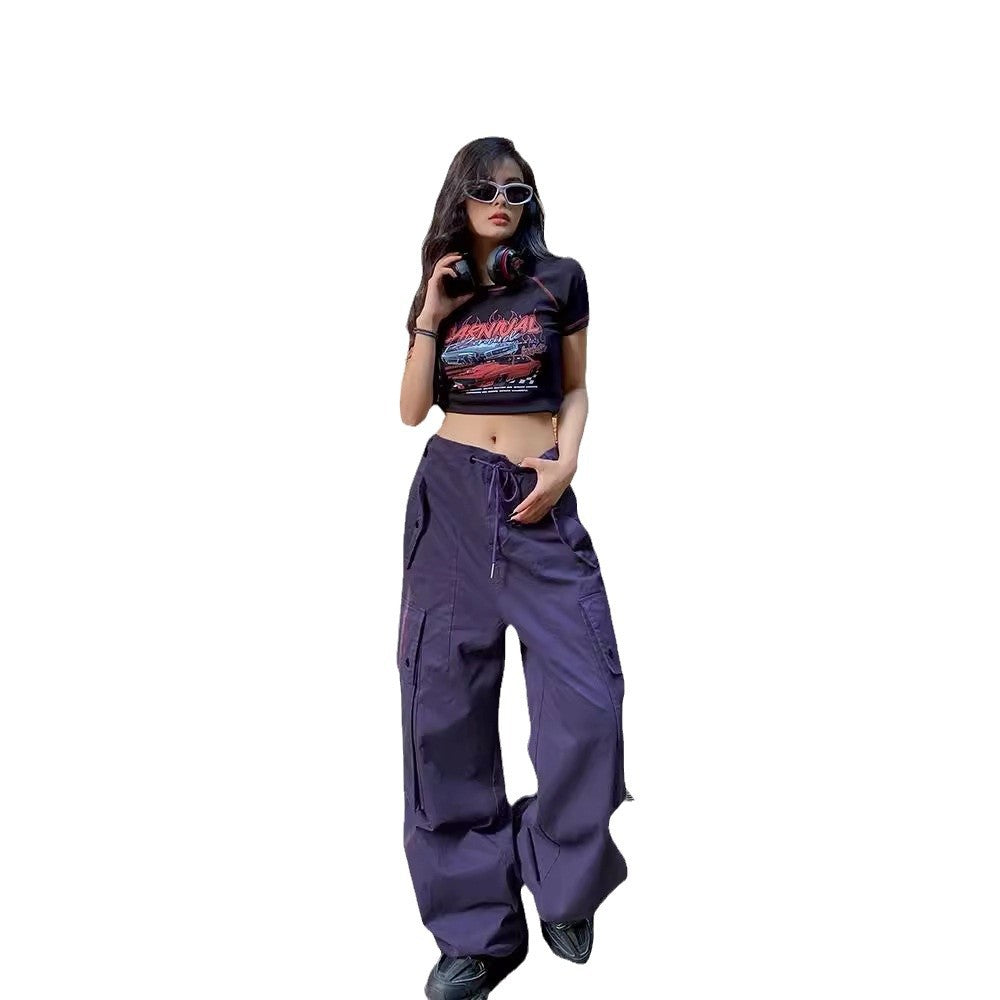 Women's American Hot Purple Overalls Large Loose Pockets Pants