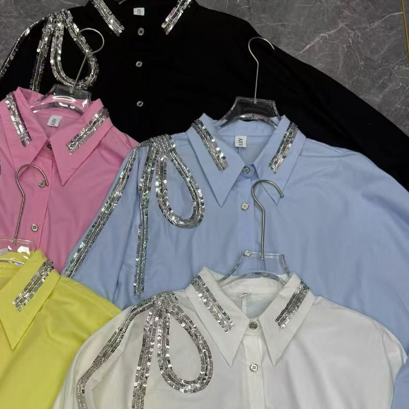 Sequin Embroider Elegant Shoulder Sequined Texture Blouses