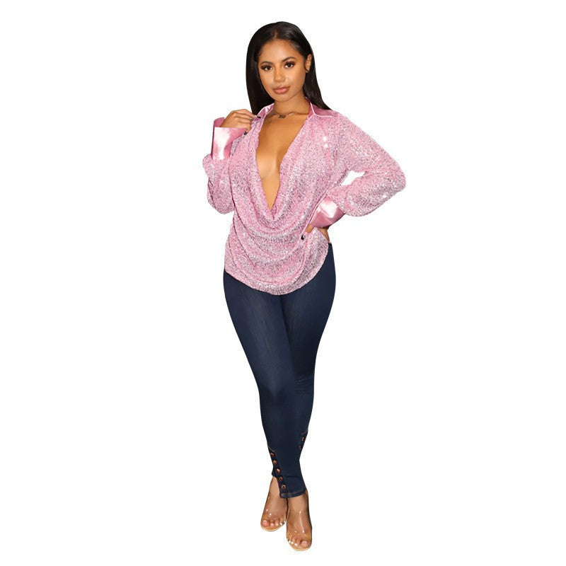 Women's Sequined Pleated Shirt Loose Casual Long Blouses