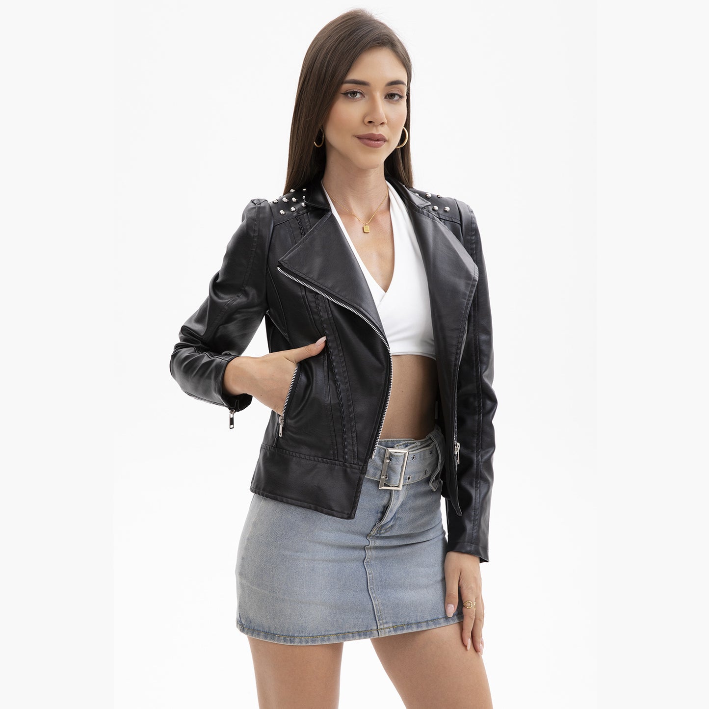 Women's European Beaded Leather Long-sleeved Fashion Lapel Clothing