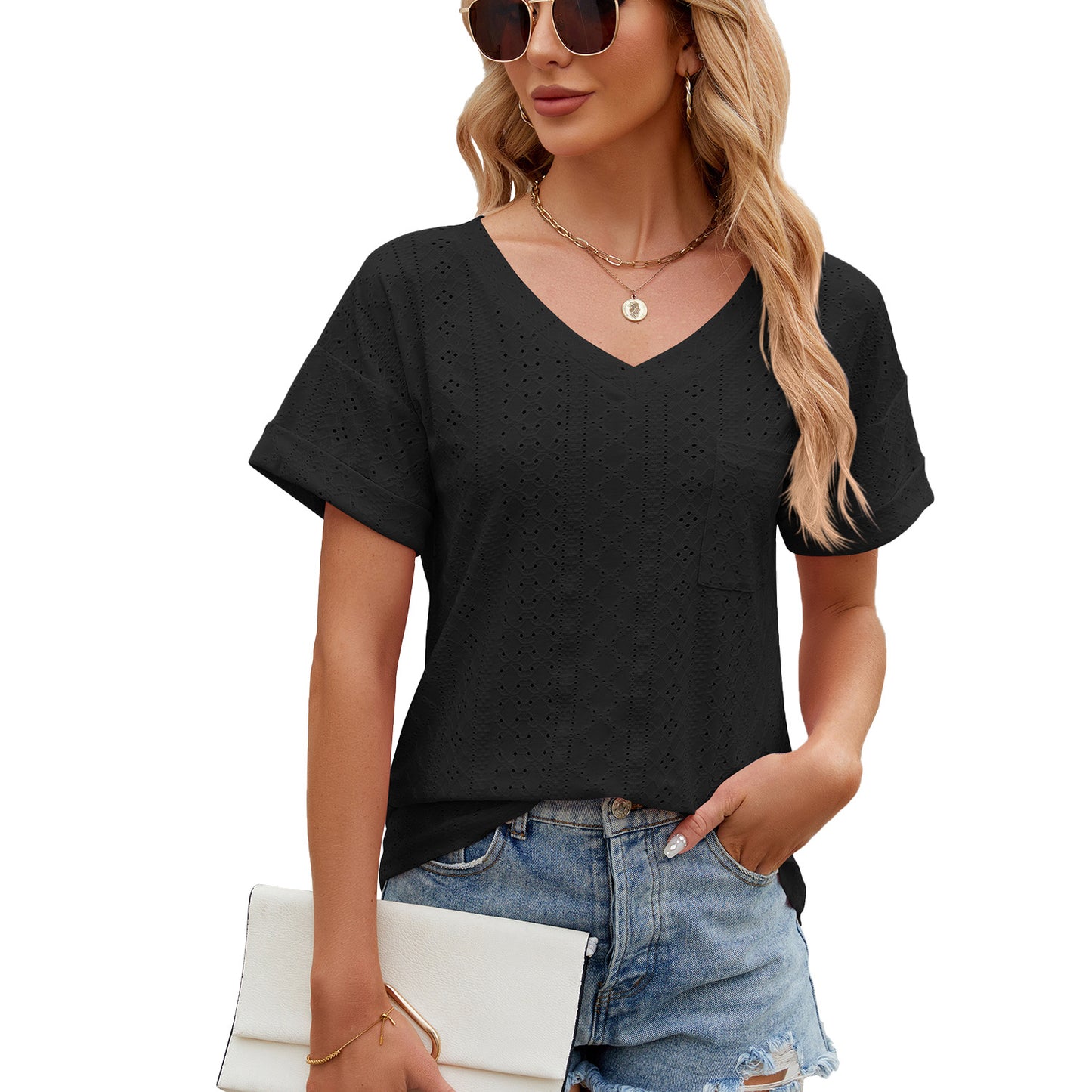 Solid Color Pocket Loose Sleeve Ladies Women's T-shirt