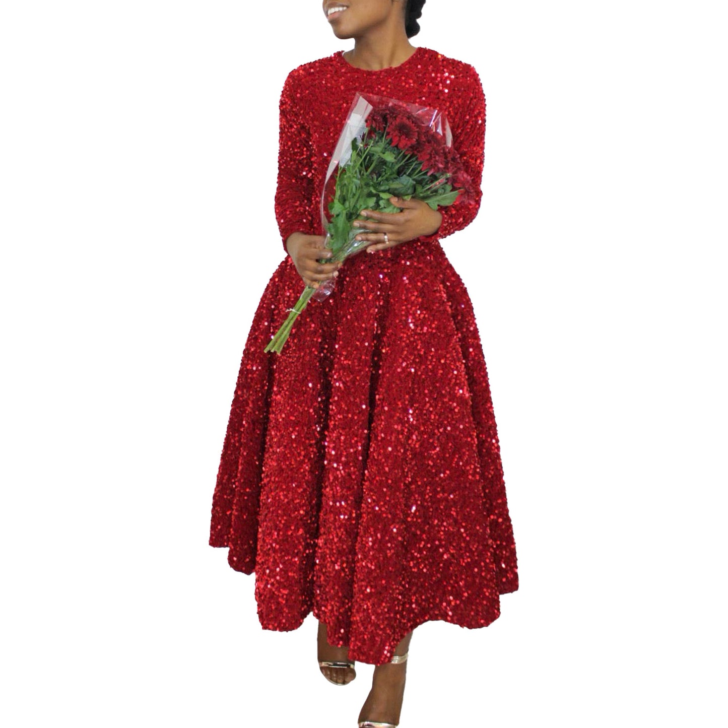 Women's Neck Long Sleeve Pure Color Sequins High Waist Temperament Mid-length Dress