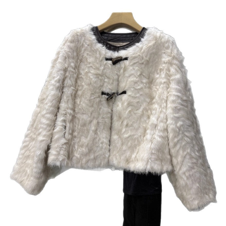 French Design Temperament Crew Neck Furry Imitation Coats