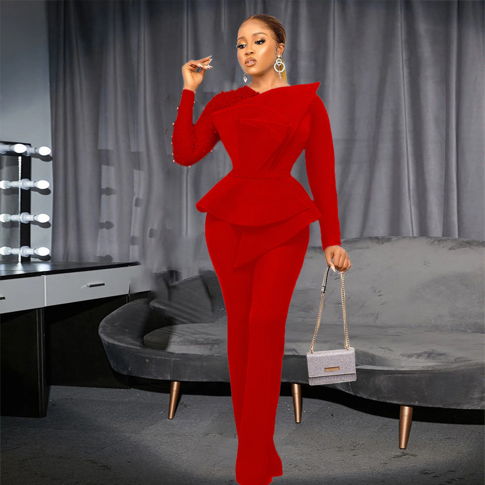 Women's Fashion Stitching Mesh Beads Waist Slimming Jumpsuits