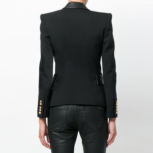 Women's Fashion Stitching Leather Long Sleeve Lapel Blazers