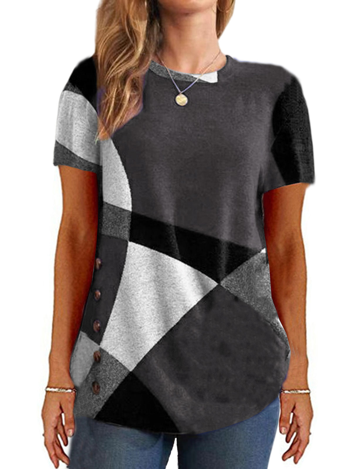 Women's French Cashmere Printing Color Contrast Sleeve Women's T-shirt