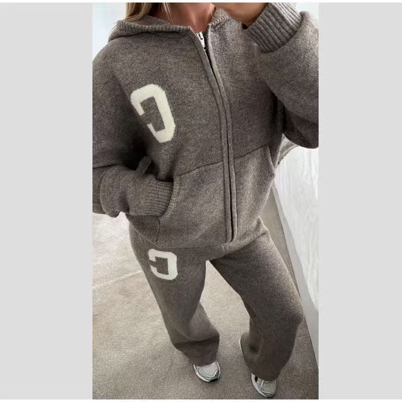 Solid Color Knitted Hooded Loose Trousers Suits