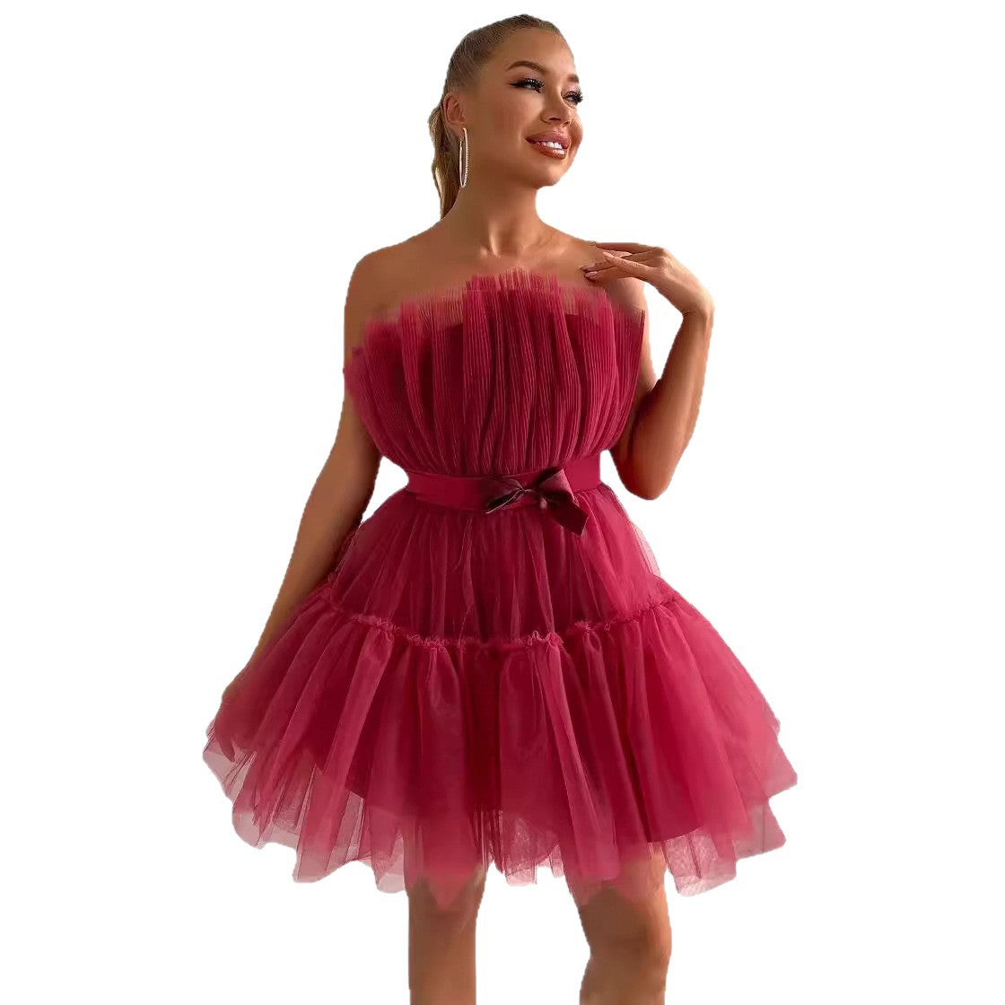 Tube Mesh Graceful Bow Puffy Dress Wedding Dresses