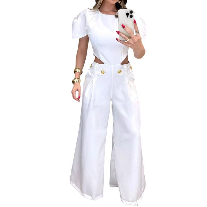 Button Zipper Waist Hollow Solid Color Jumpsuits