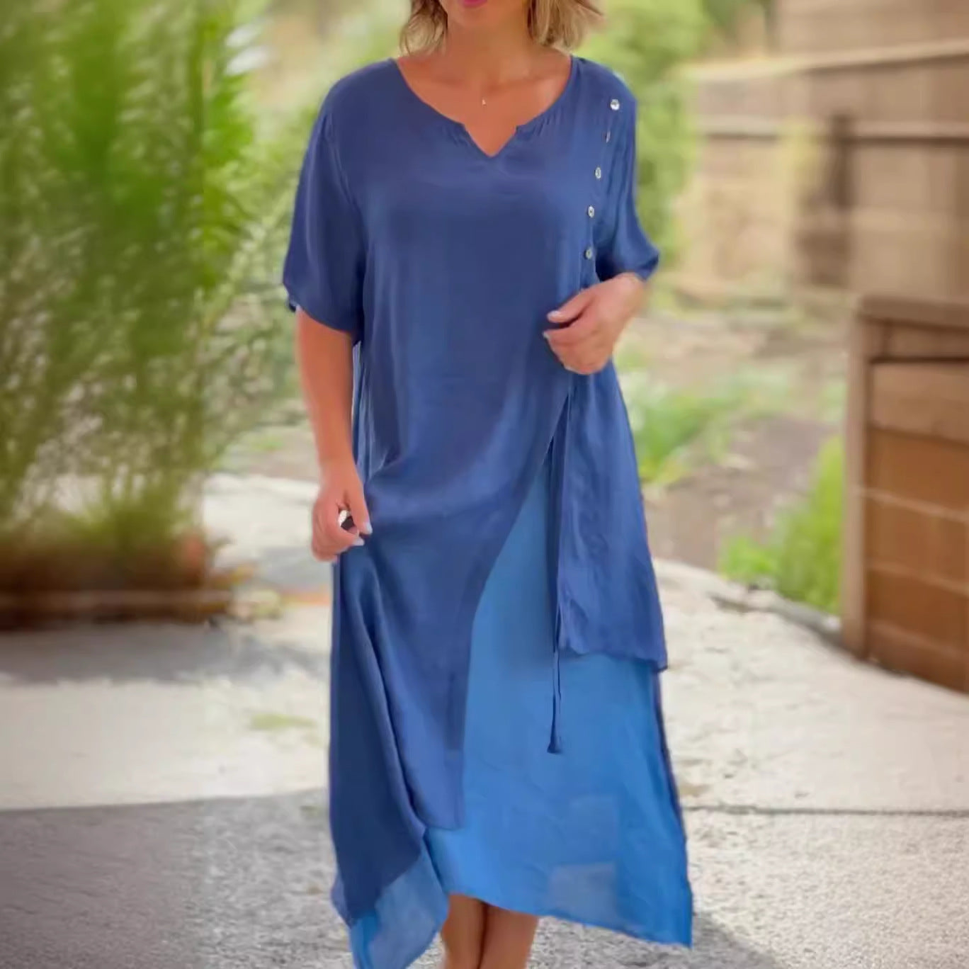 Women's Fashion Sleeve Fake Two-piece Asymmetric Dress Dresses