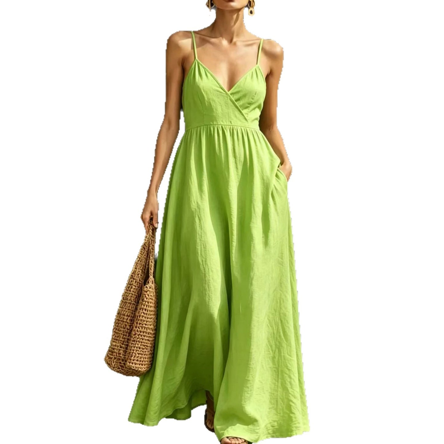 Women's Summer Backless Strap Pocket Elegant Long Dress