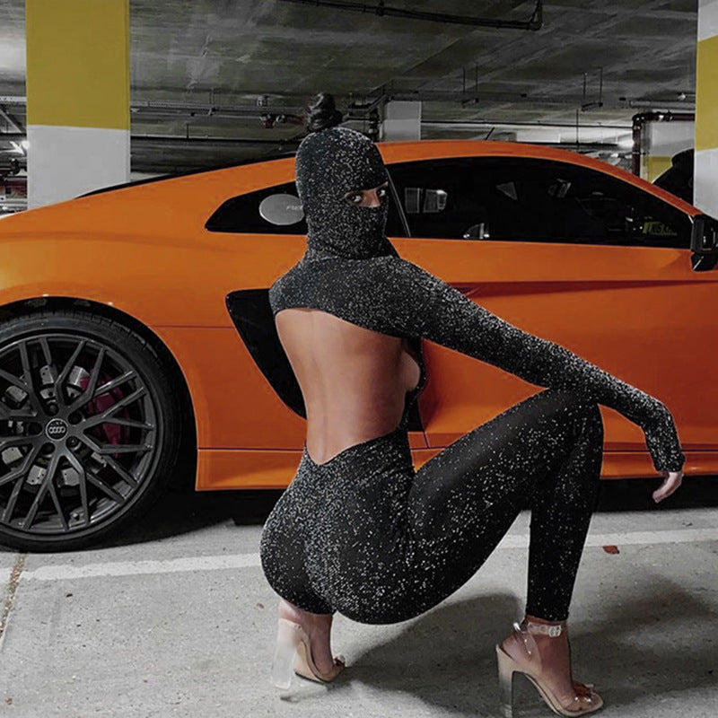 Women's Long-sleeved Black Slim Fit Backless Sexy Jumpsuits