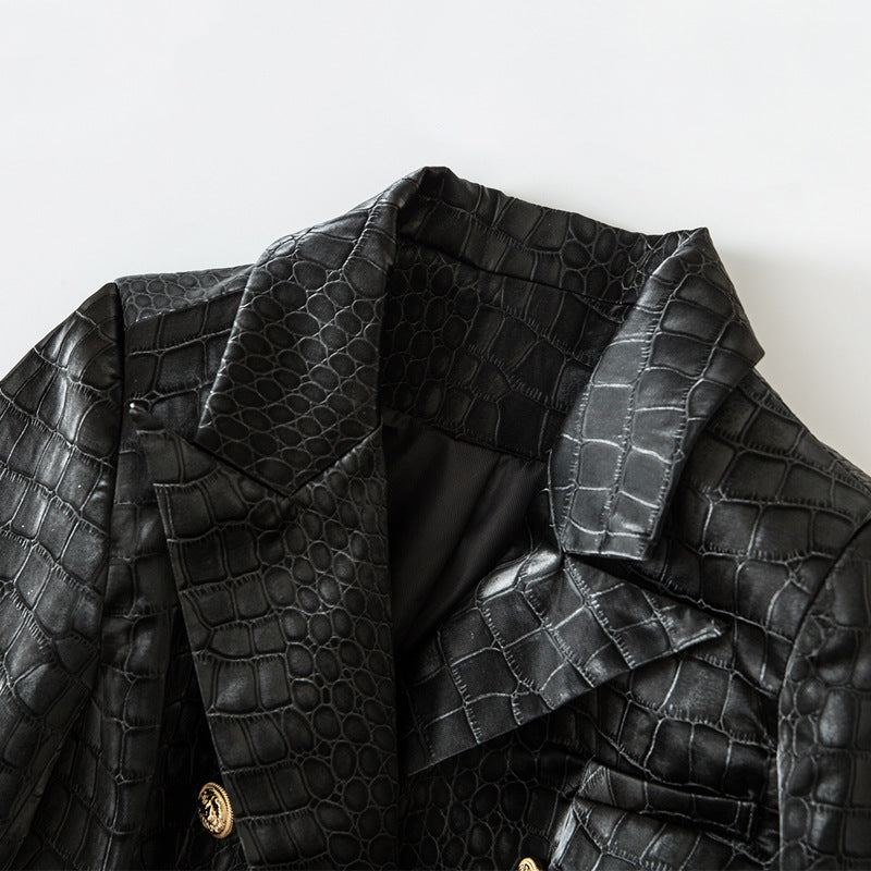 Leather Pattern Slim Metal Buckle Waist Blazers