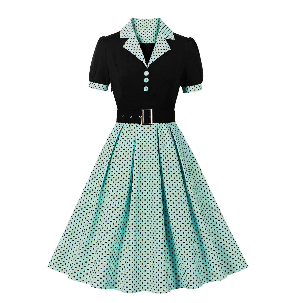 Women's Polka Dot Lapel Sleeve Belt Slim Dresses