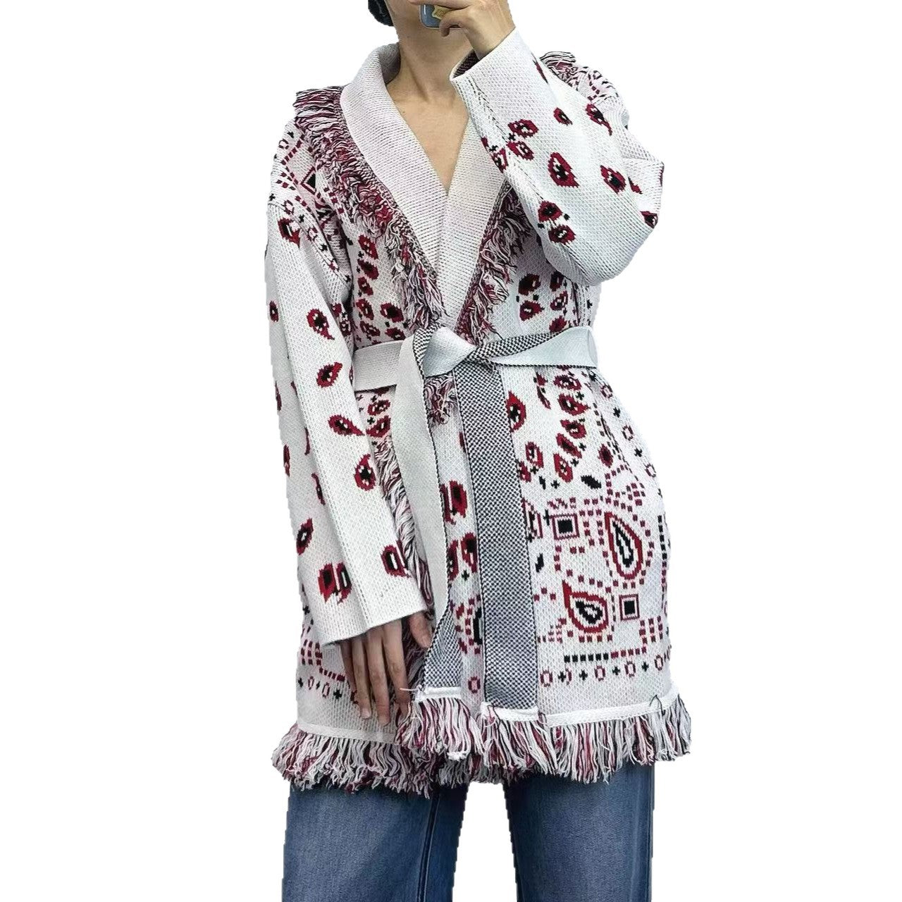 Bohemian Tassel Jacquard Mid-length Loose Lapels Sweaters