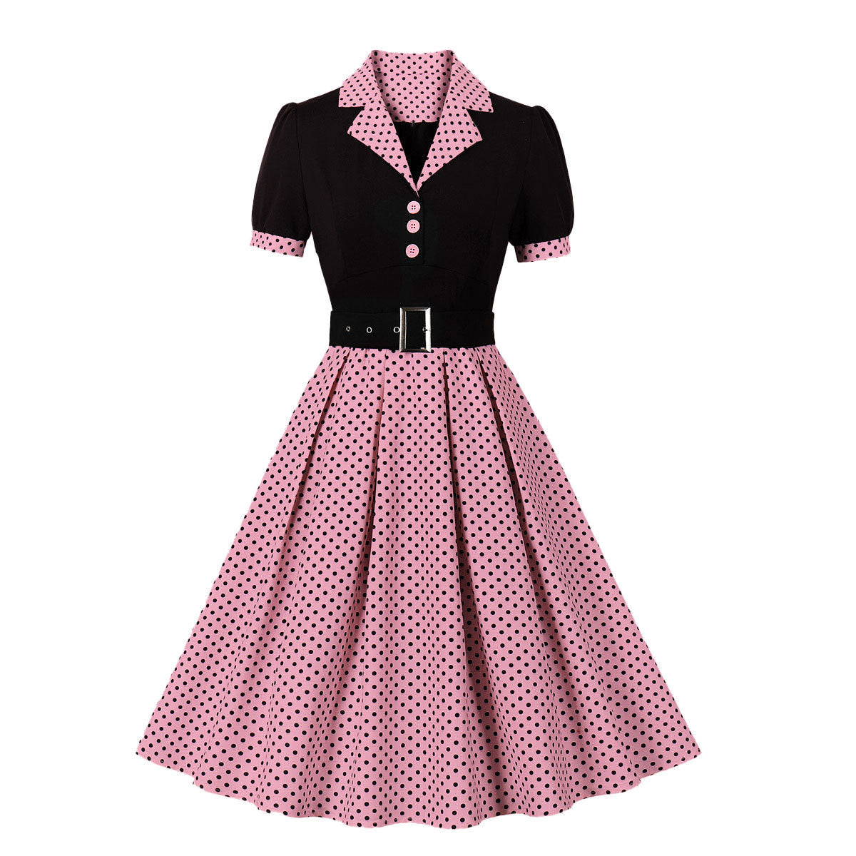 Women's Polka Dot Lapel Sleeve Belt Slim Dresses