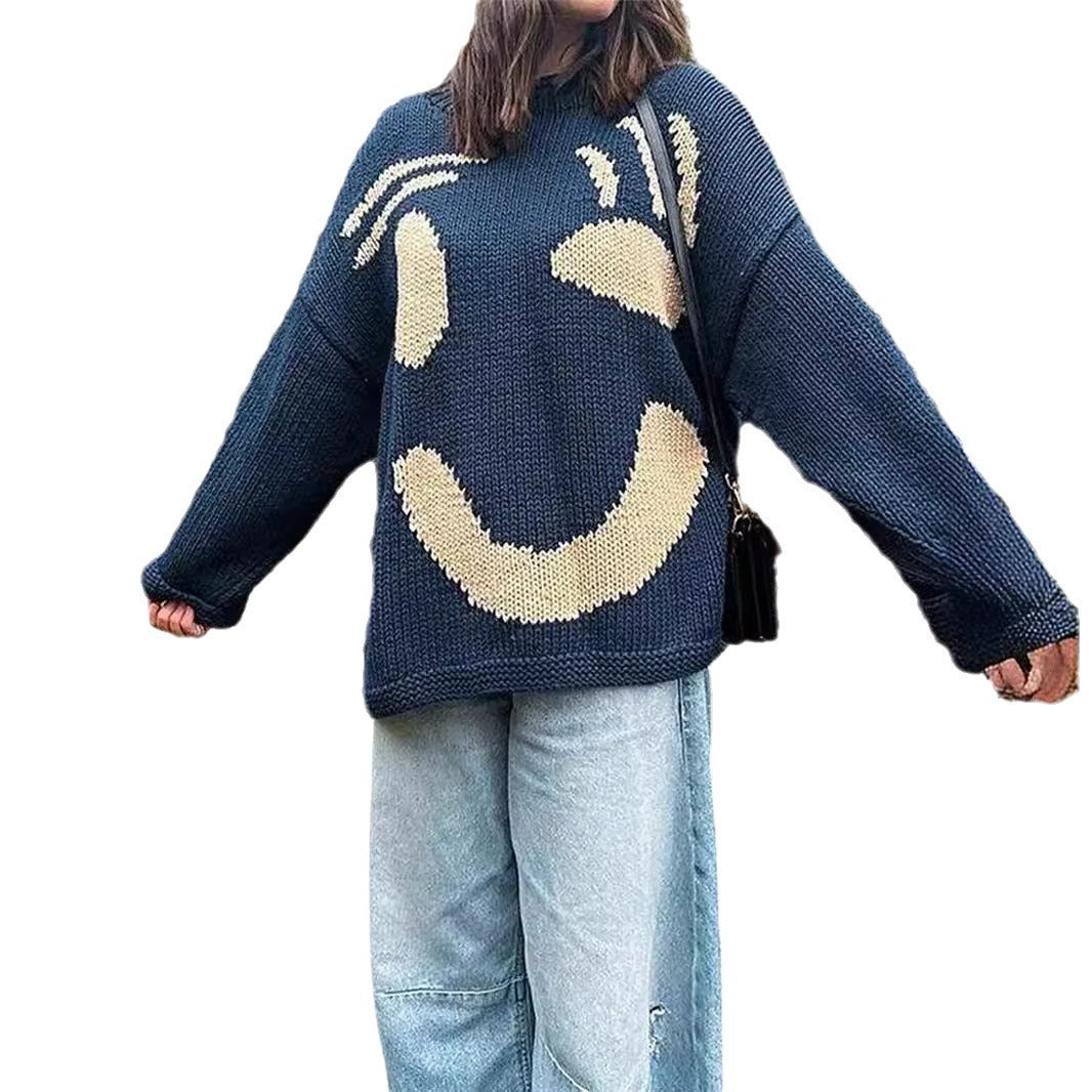 Women's Smiley Face Contrast Color Loose Slimming Sweaters