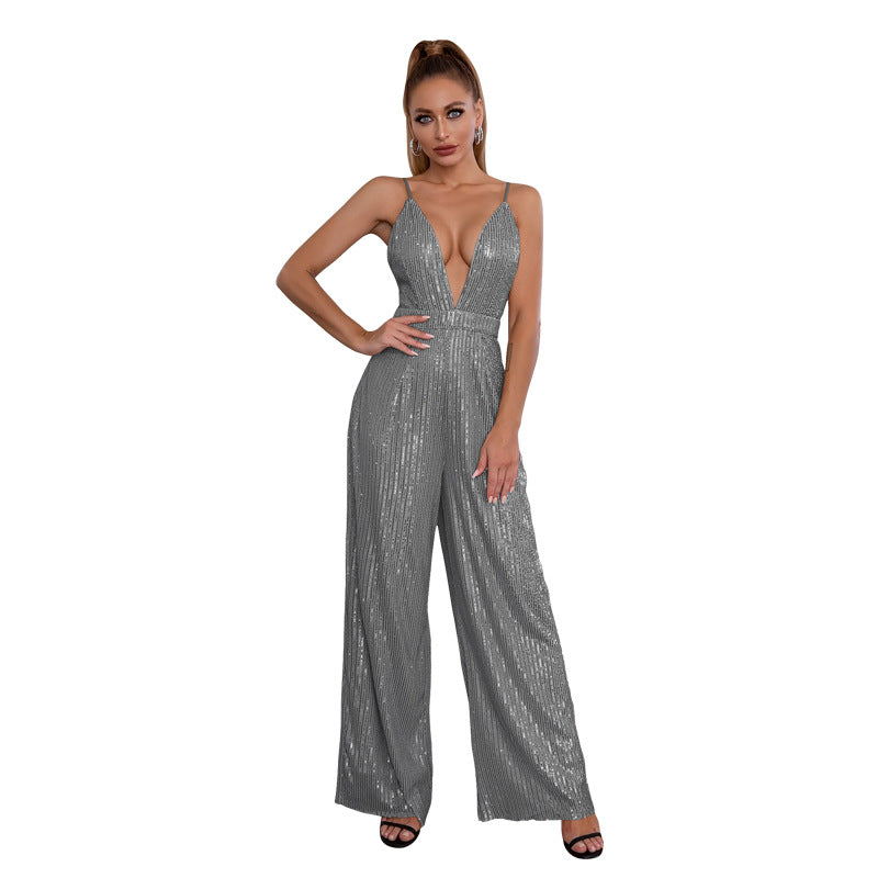 Women's Sequined Sleeveless Hot Deep Backless Sling Jumpsuits