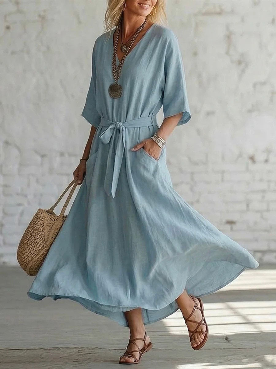 Solid Color Sleeve Vacation Style Loose Dress