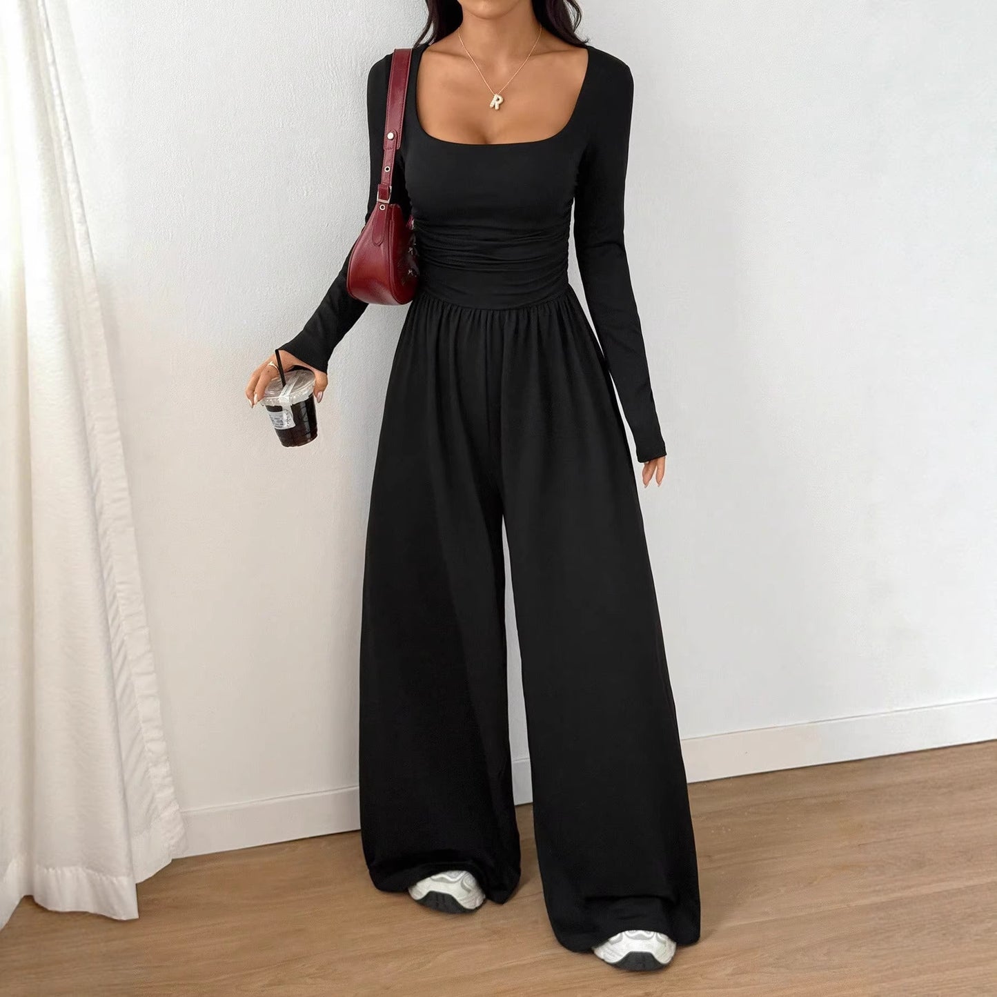 Women's Square Collar Long Sleeve Tight Waist Pants