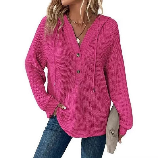 Women's Casual Waffle Knitted Drawstring Collar Decorated With Buttons Long Sleeve Women's Sweater, Sweater