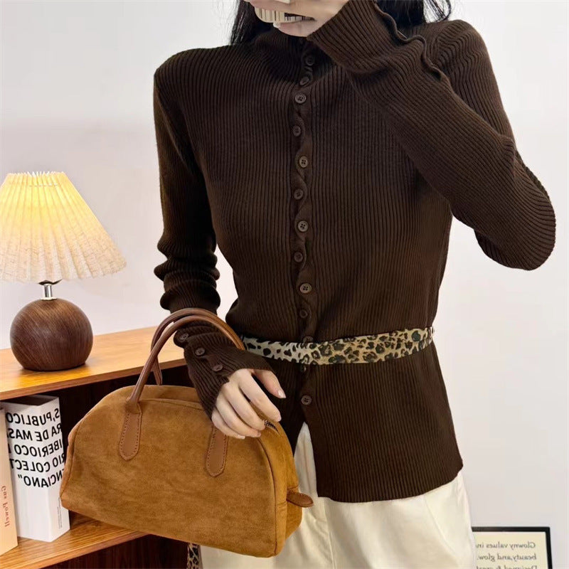 Women's Turtleneck Stand Collar Decorative Buttons Slim Knitwear