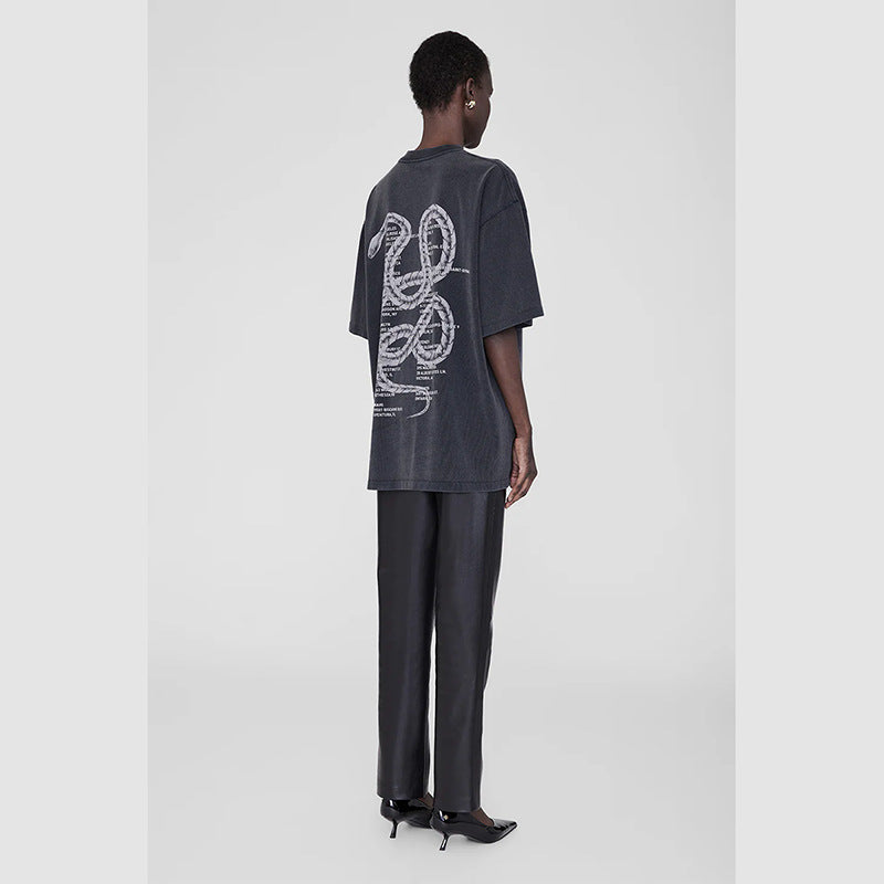Niche Snake Letter Printing Washed Fried Blouses