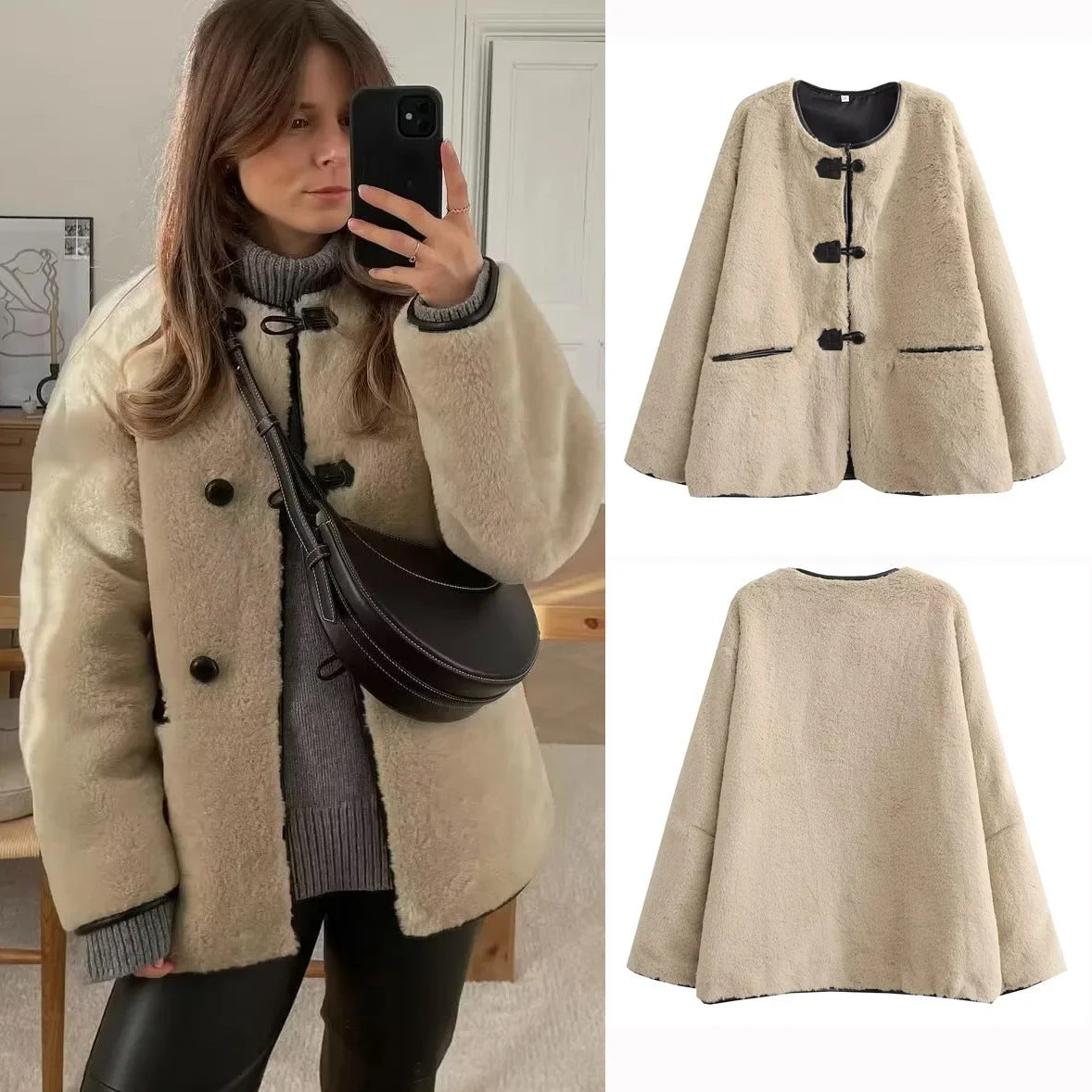 Women's Single-breasted Round Neck Solid Color Imitation Leather Coats